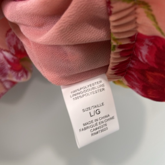 Suzy Shier Plisse Floral Blouse Tied Sleeves Pink Red Yellow Elastic Waistband L - Picture 9 of 12